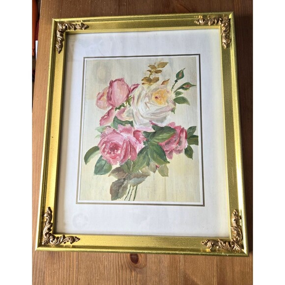 Other - Original Art Floral Painting In Gold Frame 12" x 15", Vintage 1971
